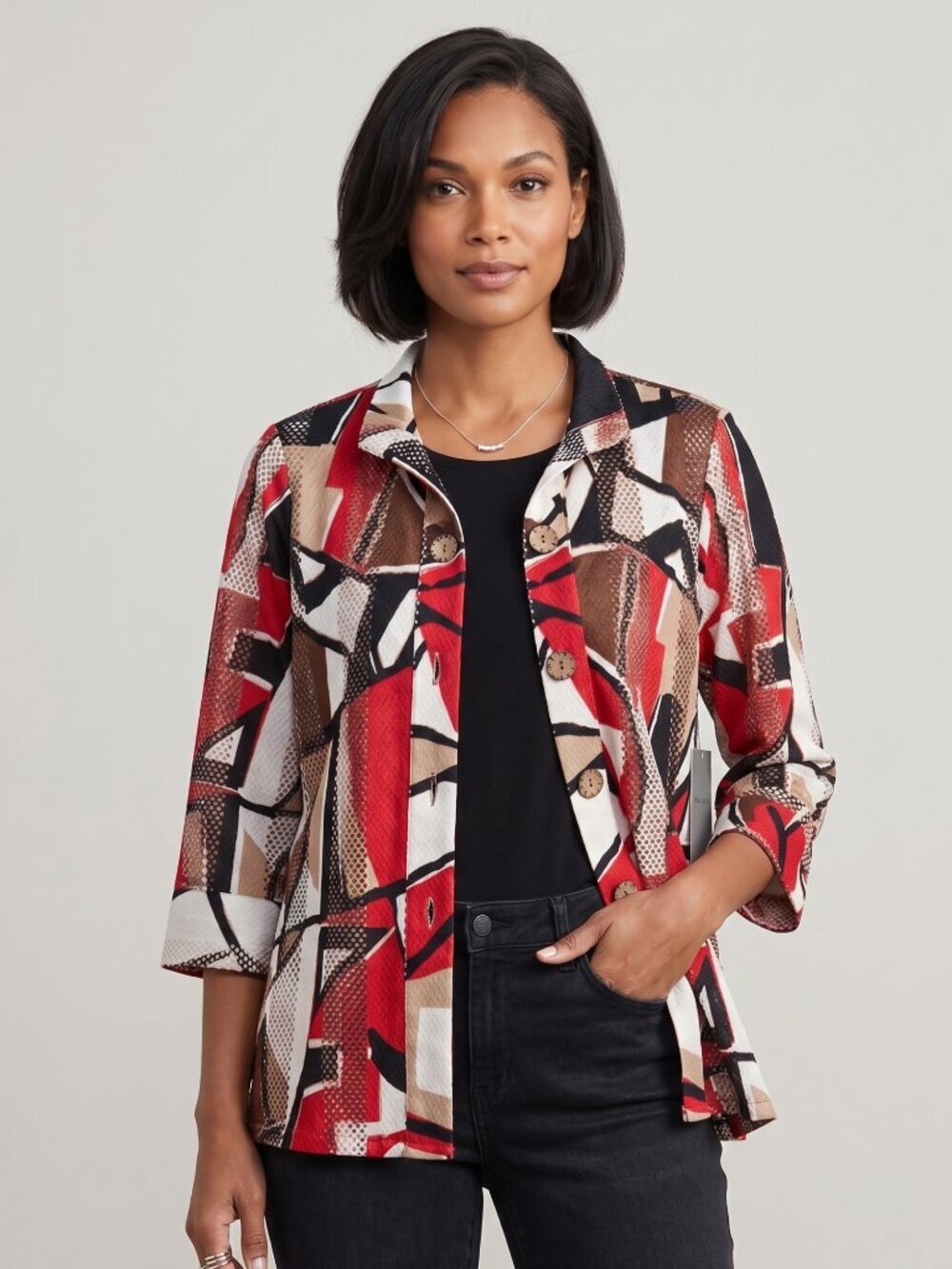 NWT | Multiples Africa Geometric Mesh Button Up Top Red Black Tan | XS